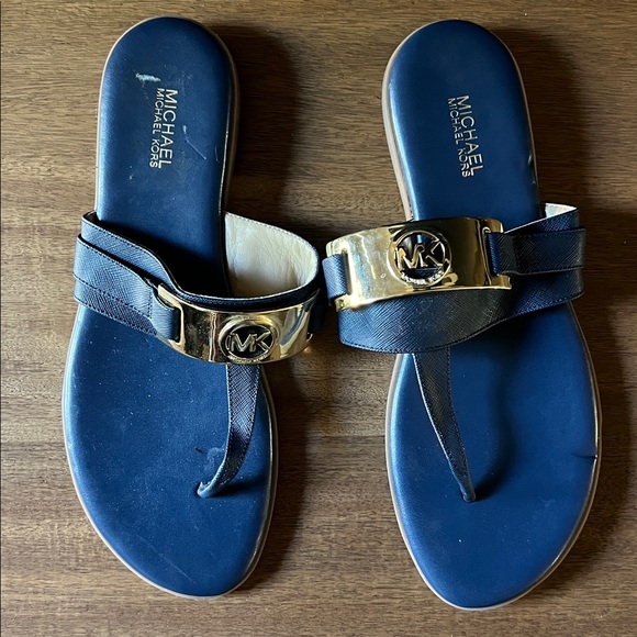 Michael Kors Blue and Gold Slide Sandals - Picture 1 of 5